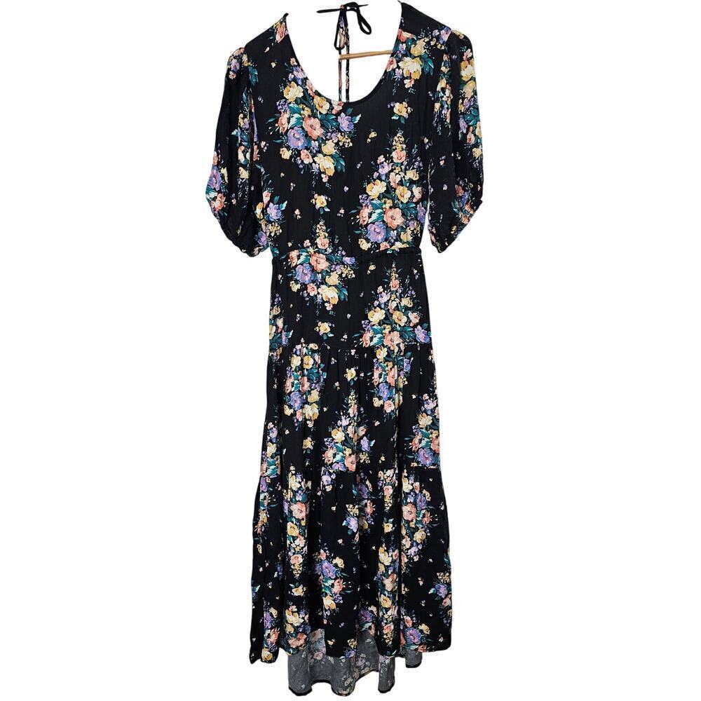 O'Neill Alta Dress Womens Size Medium Black Floral Open Back Boho Cottage Midi